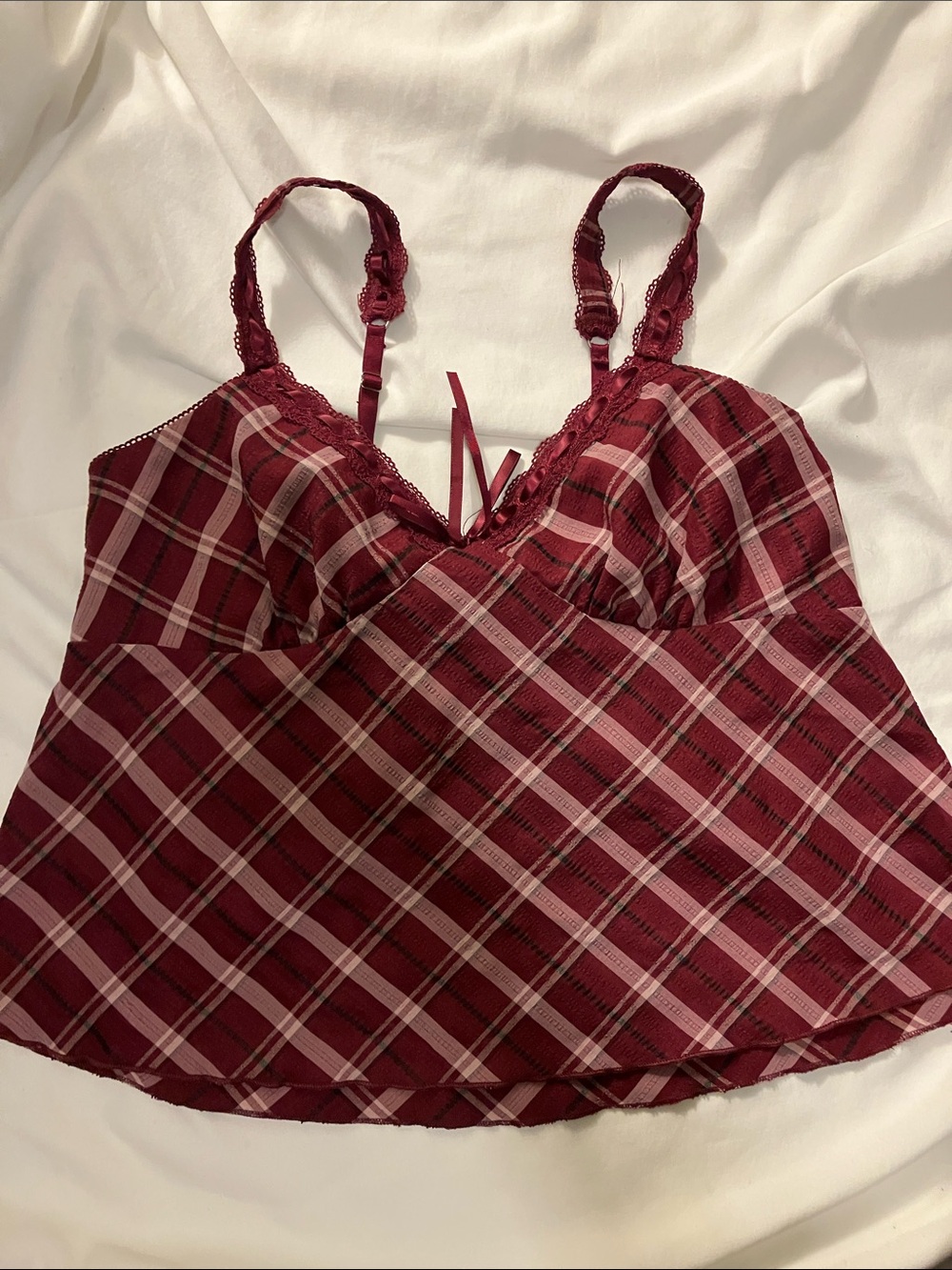 No Boundaries Burgundy Plaid Lace-Trim Tank